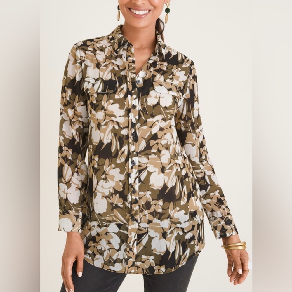 Chico's Button Down Shirt - Black, Brown, Cream Floral